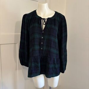 Loft Size Medium Dark Green Plaid Tartan Ruffle Peplum Preppy Peasant Blouse